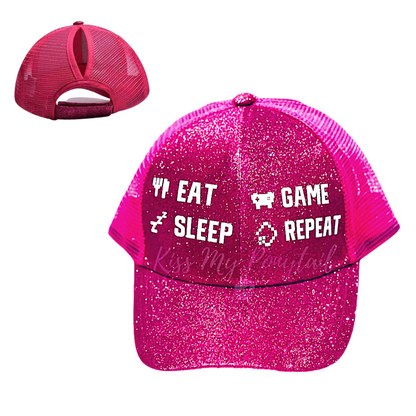 EAT, SLEEP 😴, GAME, REPEAT Ponytail Cap