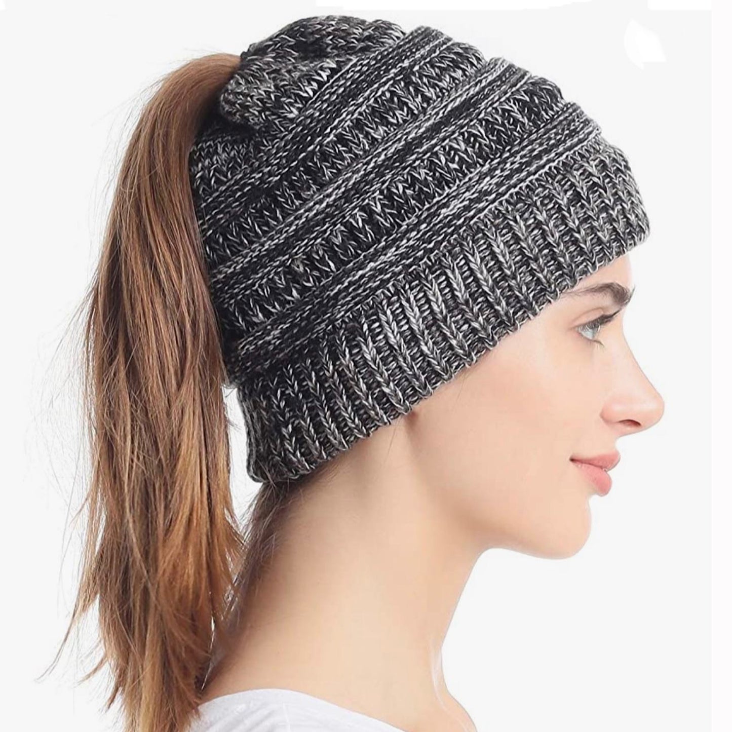 GREY/WHITE Ponytail Beanie